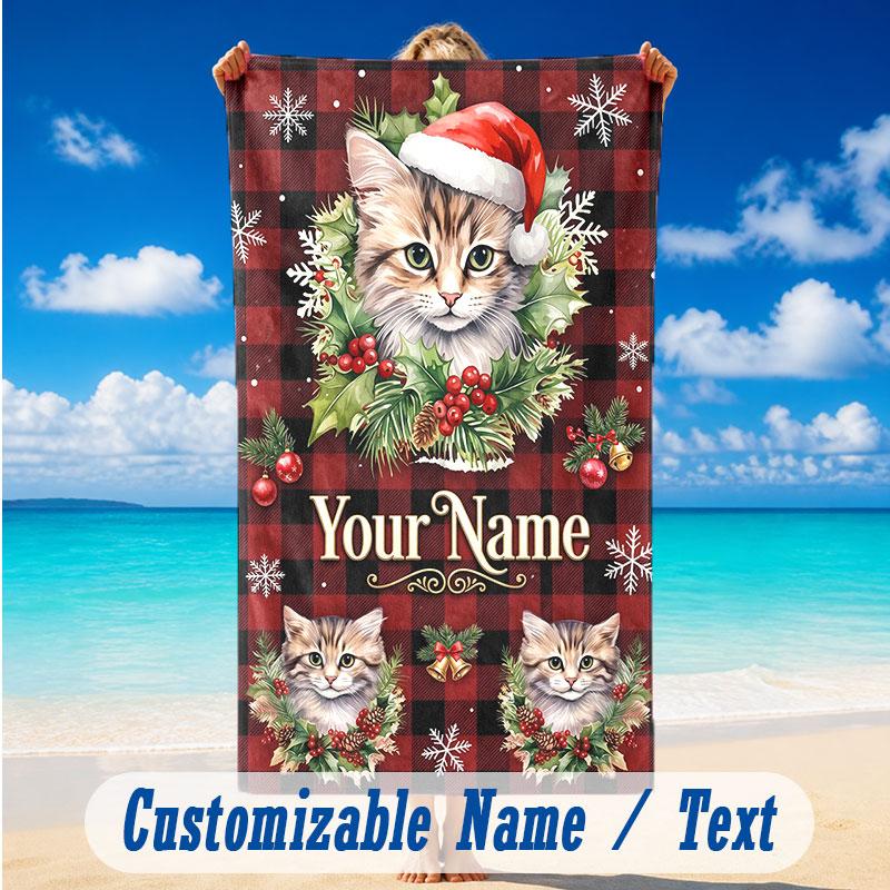 Cat Theme Beach Towel Personalized Custom Name & Text Soft Quick Dry Beach Towel for Swimming Travel