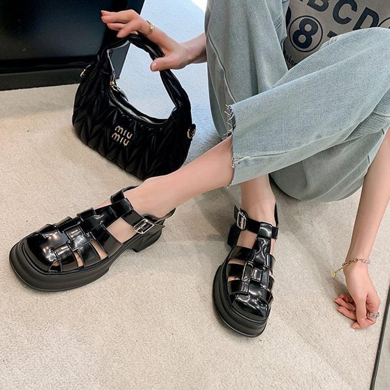 Сандалии для женщин с толстой подошвой Baotou римские сандалии летняя повседневная обувь толстый каблук новые модные плетеные полые сандалии Mujer 2024