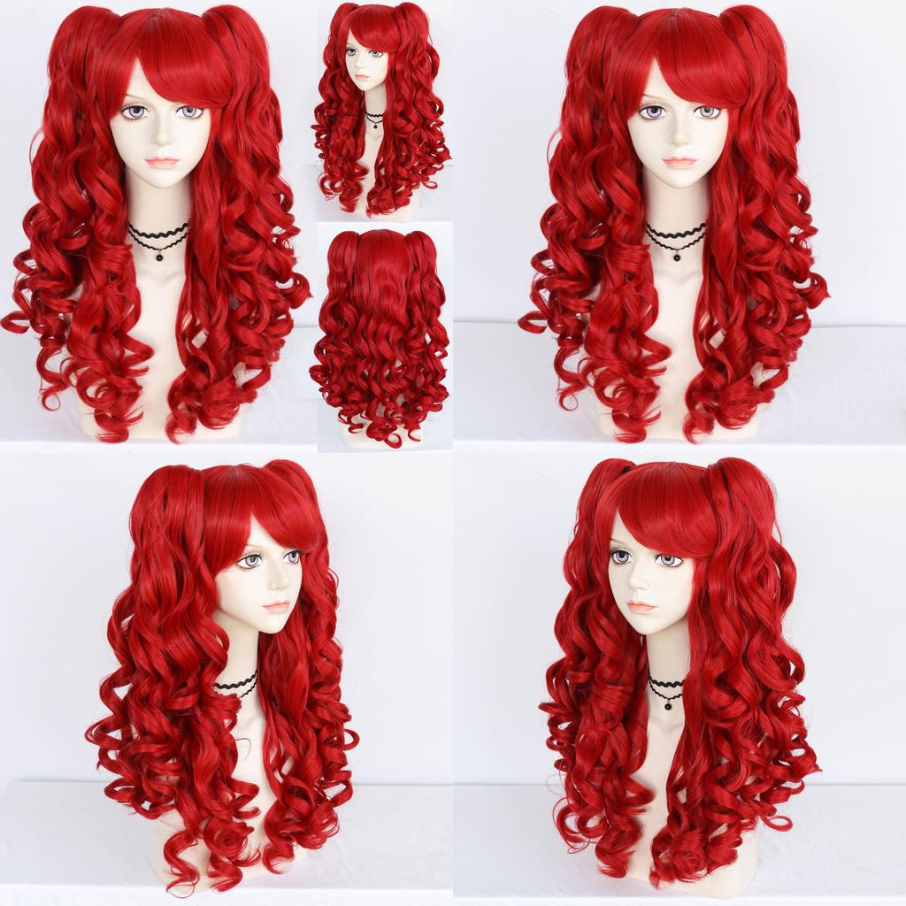 Lolita Cosplay Wig With Double Tiger Clips Red Long Curly Synthetic Hair For Anime Costumes
