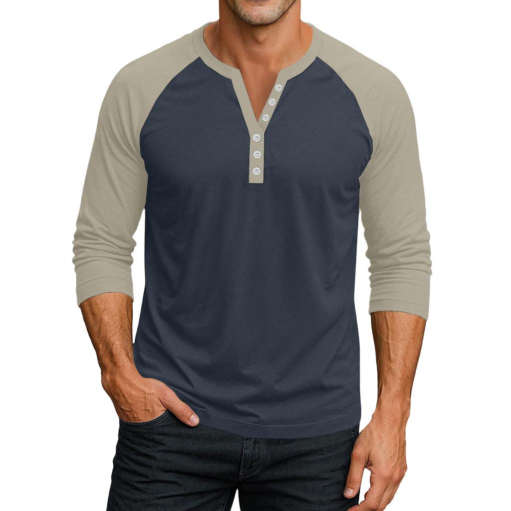 Men's Button-Down Contrast Raglan 3/4 Sleeve Top