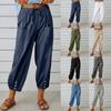 New Loose Fitting High Waisted Button Cotton and Linen Pants from Europe and America, Cropped Pants, Wide Leg Women's Pants