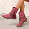 Woman Pirate Boots Pleated Tassel Mid-calf Boots Women Pointed Toe Chunky Heel Short Boots New Slip-on Plus Size Shoes for Women