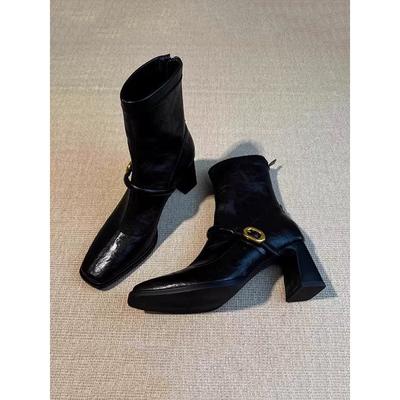 Ботильоны на высоком каблуке с квадратным носком, женские, французский широкий каблук, ретро, молния сзади, короткие ботинки, эластичные модные ботинки