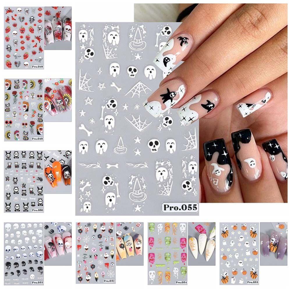 Наклейки на ногти в виде тыквы на Хэллоуин, узор в виде черепа-призрака, наклейки на ногти на Хэллоуин, красочный маникюрный салон