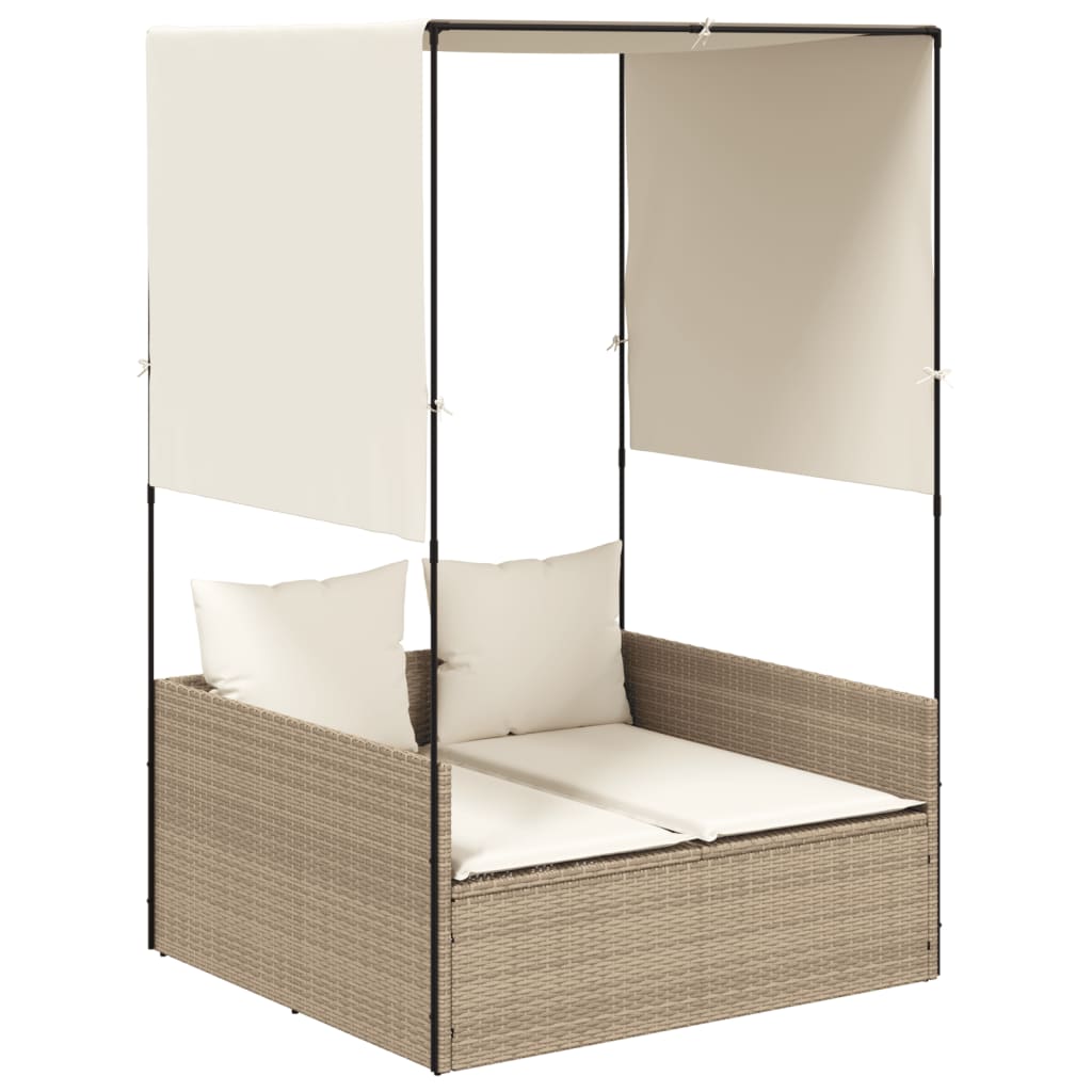 Double Sun Lounger with Canopy and Curtains Beige Poly Rattan
