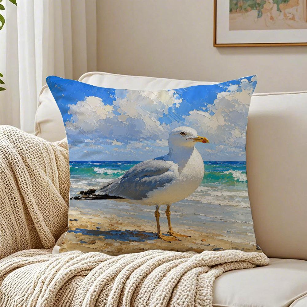 Seagulls On Beach Oceanic Artistic Cushion Cover Breathable Cushion Covers Machine Washable Wrinkle-Resistant Soft Durable