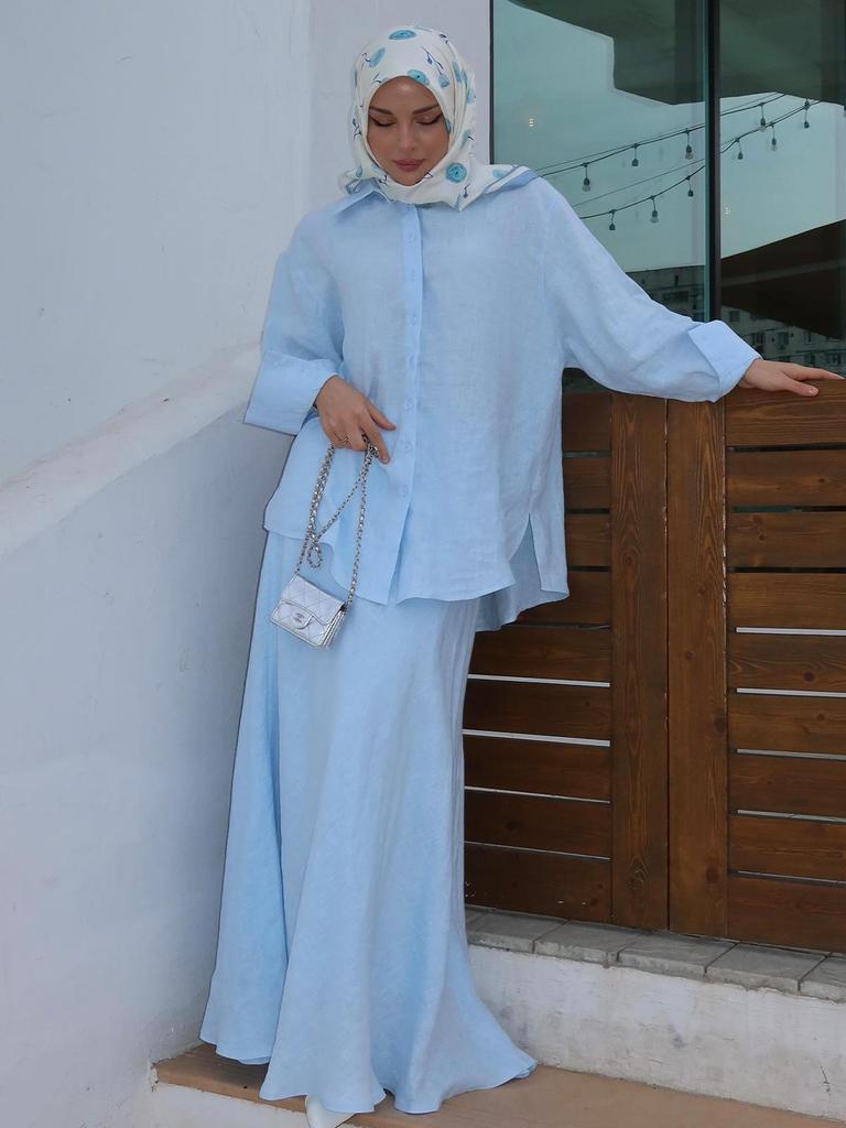 Элегантный летний женский комплект свободного платья с длинным рукавом 2025