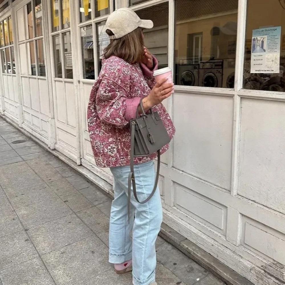 VAYLA Шикарные женские хлопковые куртки с цветочным принтом Элегантные однобортные куртки с воротником-стойкой Повседневные пальто Осень Зима Женская стеганая верхняя одежда