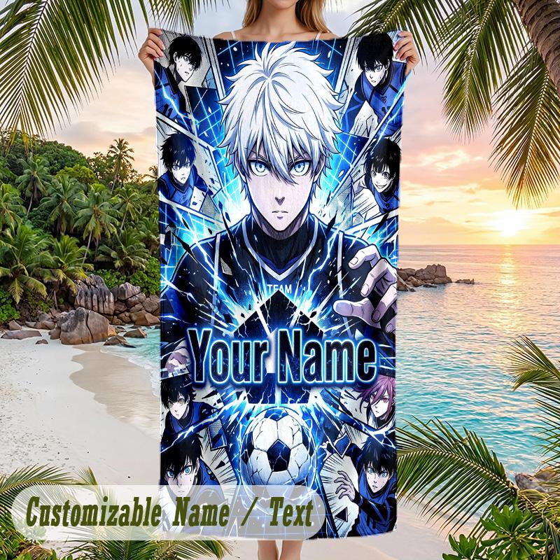 Blue Lock Beach Towel, Personalized Custom Name Text, Quick Dry Large Absorbent Towel For Beach Pool