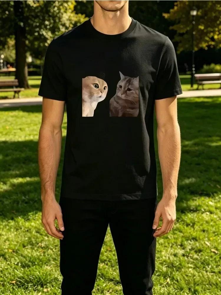 Unisexs Tee Two Cute Tabby Cat Portrait Art Print Cotton Short Sleeve Male Streetwear Summer Daily Casual Outdoor Basic Fashion Top