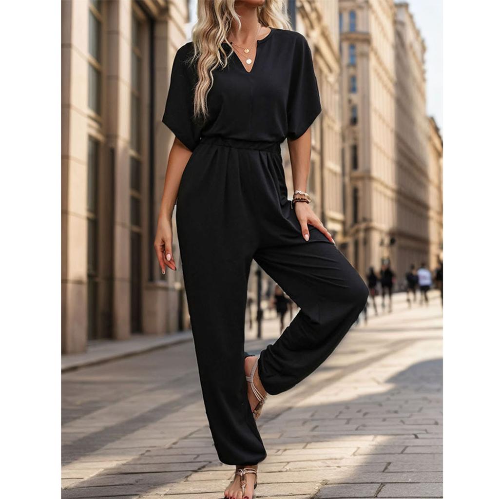 Женский повседневный свободный однотонный комбинезон с V-образным вырезом и короткими рукавами, брюки-комбинезон с короткими рукавами