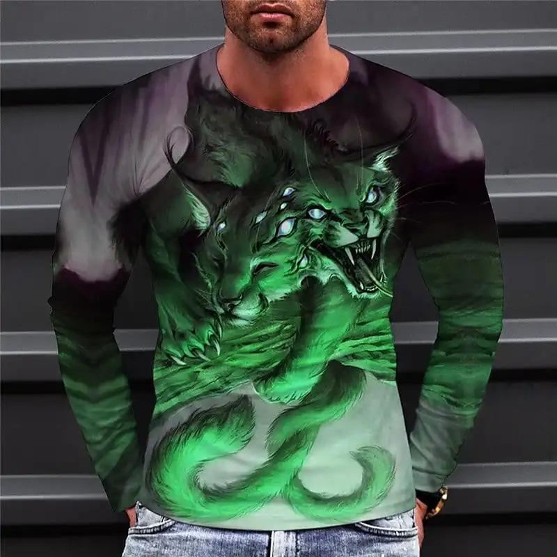 Футболки с рисунком дракона весна-осень, круглый вырез, длинный рукав, мужская спортивная одежда больших размеров, винтажная футболка с 3D-принтом больших размеров