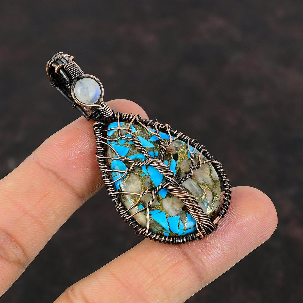 Древо Жизни Розовый Опал Медь Бирюзовый Подвеска Медная Проволока Обернутая Подвеска Подвеска Из Драгоценного Камня Ювелирные Изделия Ручной Работы Из Медной Проволоки Подвеска из Лунного Камня