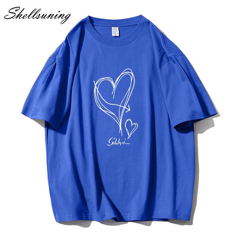 Shellsuning Kawaii футболки с принтом в виде сердца женские летние простые свободные футболки с круглым вырезом повседневные хлопковые женские топы на мягкой основе