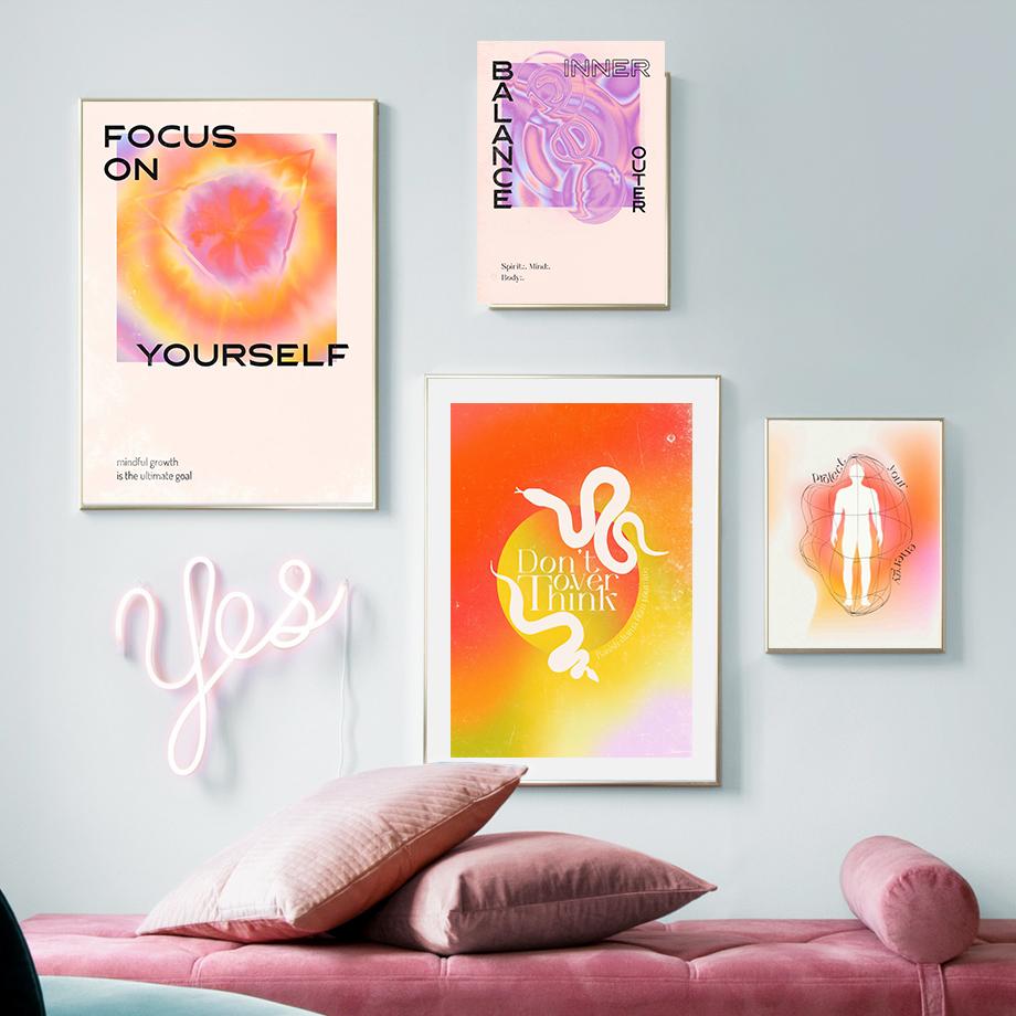 Retro Psychedelic Gradient Mindful Quotes Wall Art Canvas Painting Nordic Posters And Prints Wall Pictures For Living Room Decor