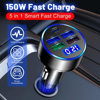 5V 3.1A 5-портовое автомобильное зарядное устройство USB Type C PD Быстрая зарядка QC3.0 Автомобильное зарядное устройство для телефона со светодиодным дисплеем напряжения для iPhone Xiaomi Huawei