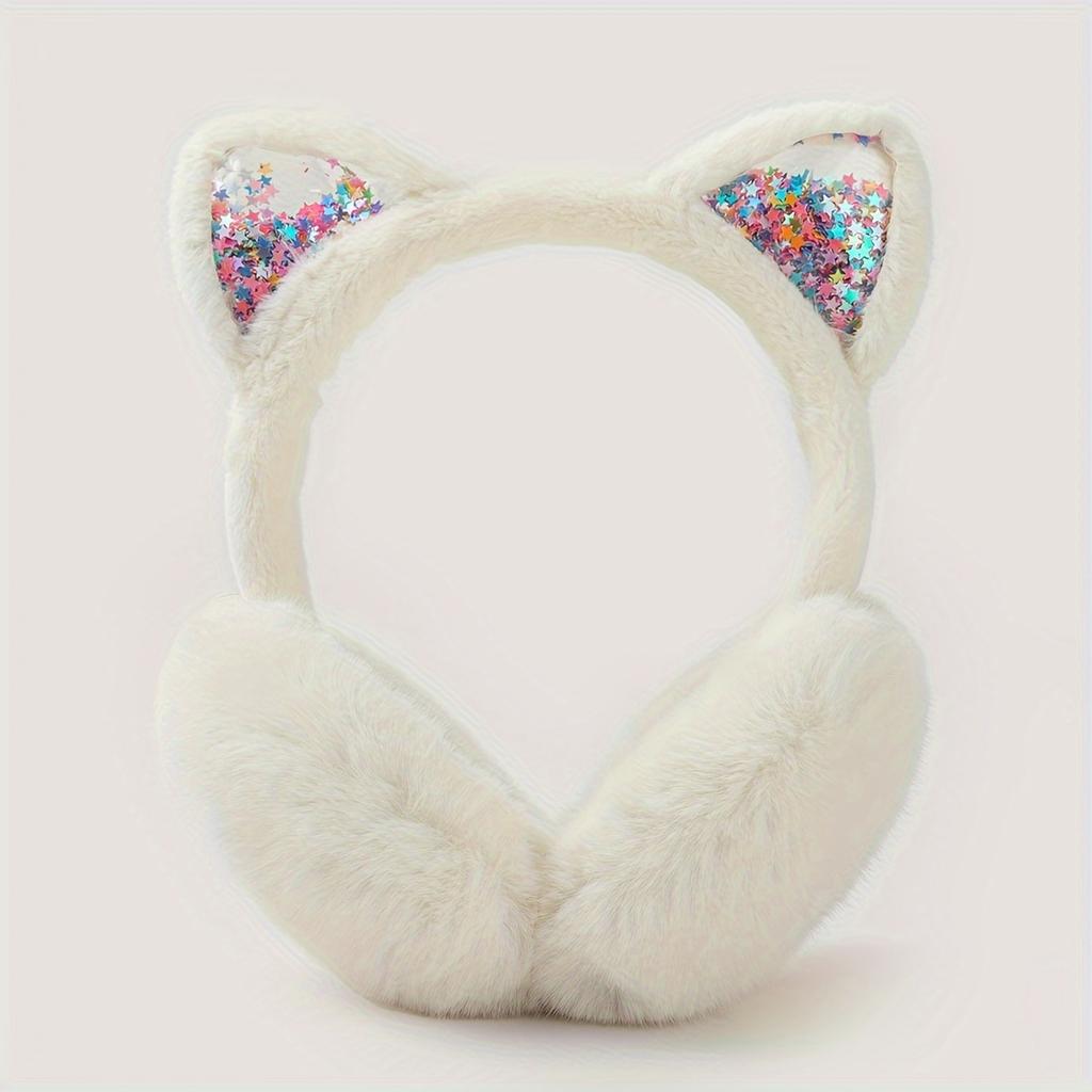 Cute Cat Ear Earmuffs for Teen Girls - Foldable Winter Ear Warmers, Sparkle Sequin Design, Solid Color, Polyester, Suitable for Ages 15+