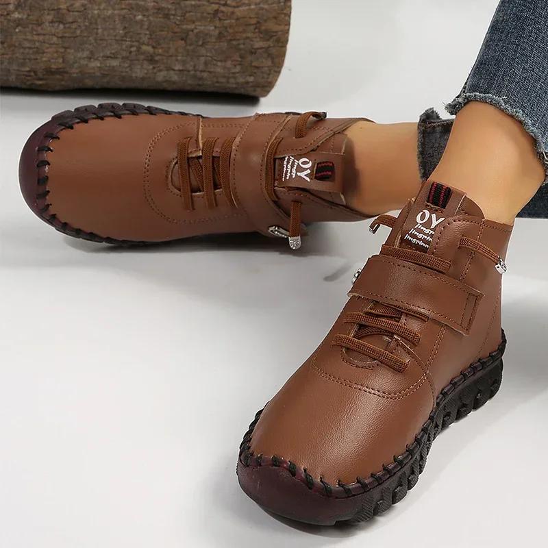 Кожаные красные ботинки женские мягкие ортопедические осенне-зимние туфли женские большие размеры флисовые ботильоны для женщин мокасины для мам