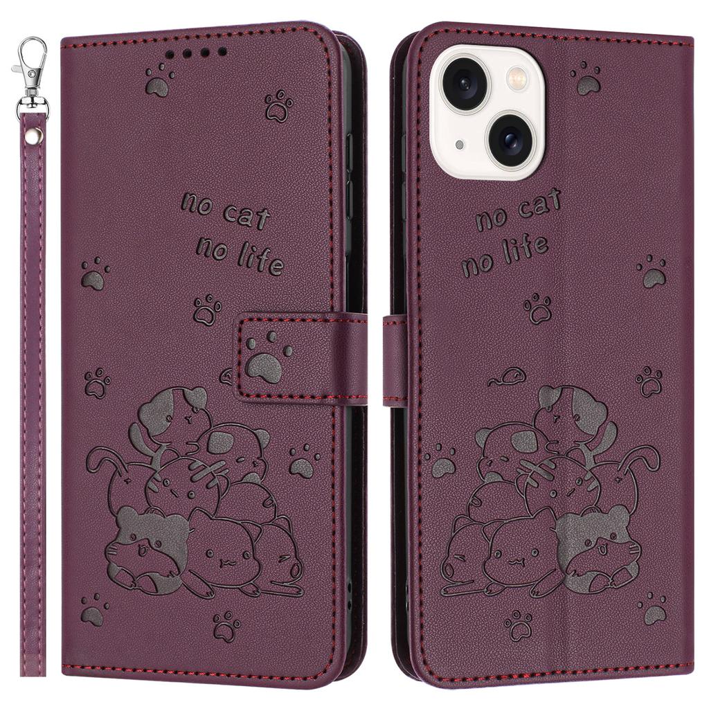 For iPhone 15 Case with Strap Cats Imprint Leather Wallet Phone Cover
