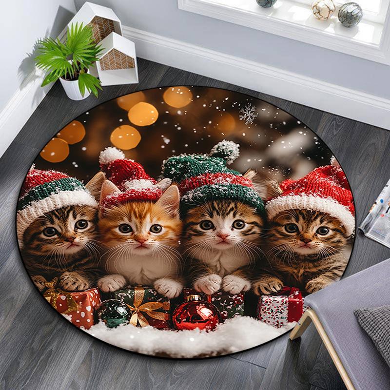 Christmas Kittens Round Area Rug,Carpet Rug for Living Room Bedroom Sofa Playroom Decor,Non-slip Floor Mat