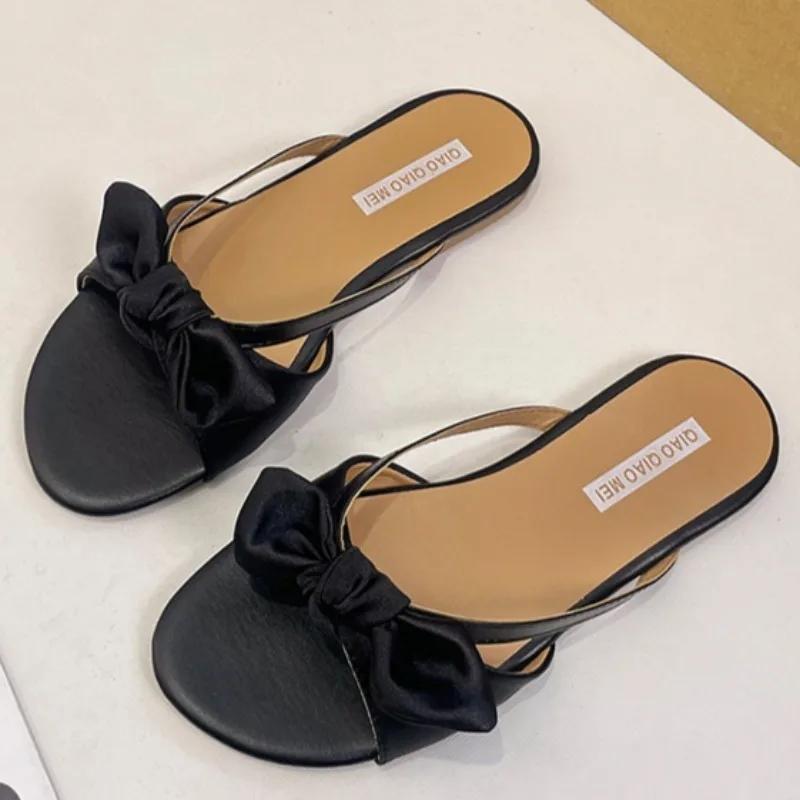 Fashion Fashion Flat Bow Slippers Summer New Round Toe Open Toe Thin Strap Soft Sole Non-slip Wear-resistant Flip-flops