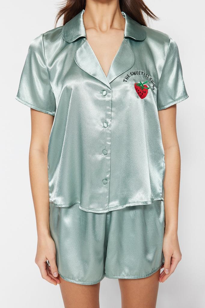 Women's Fashion New Pajama Set Orange Embroidered Satin Shirt-Shorts Woven Pajama Set