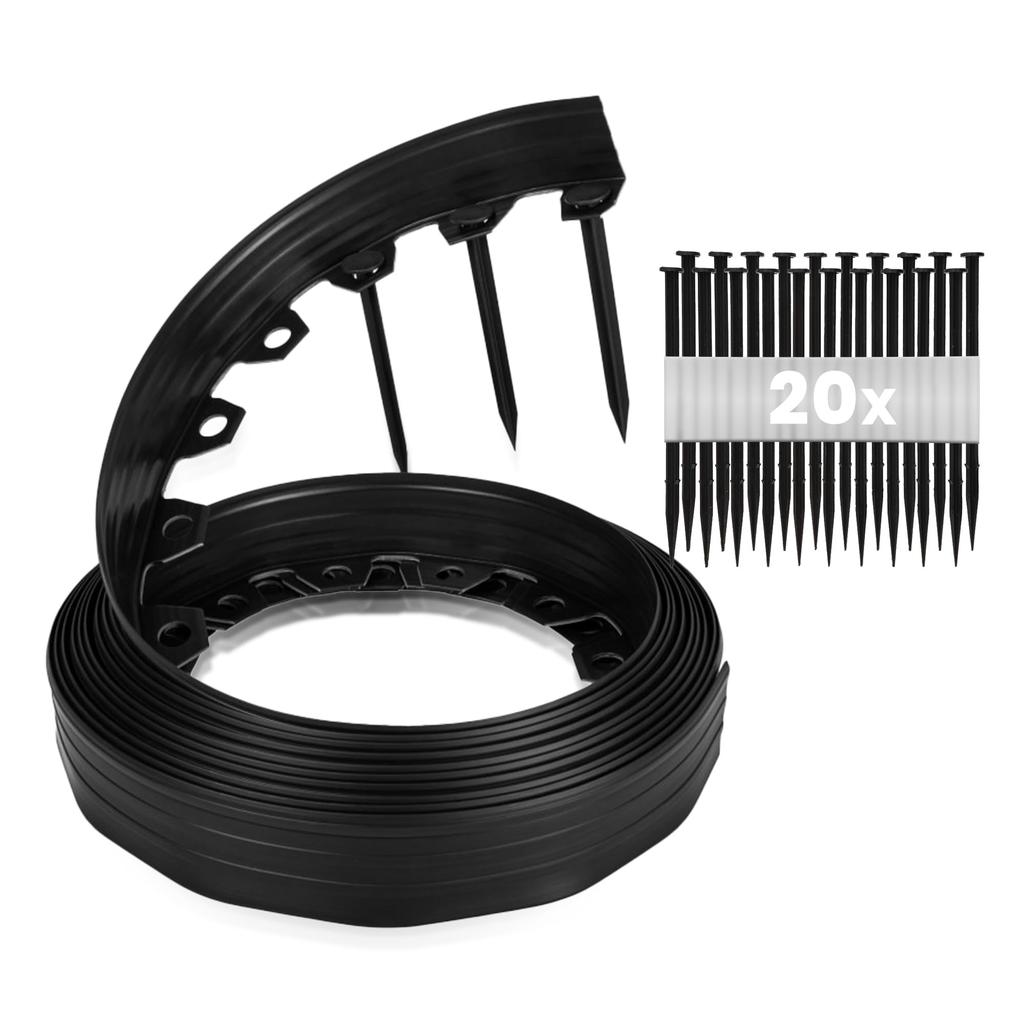 Gardenix Flexible Plastic Lawn Edging, Weather-Resistant, Flowerbed Edging, Black, 10 , 20 Pegs, Height 8