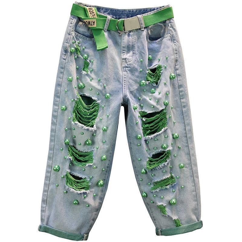 Summer Beaded Ripped Contrast Color Non-elastic Loose Personality Thin Jeans
