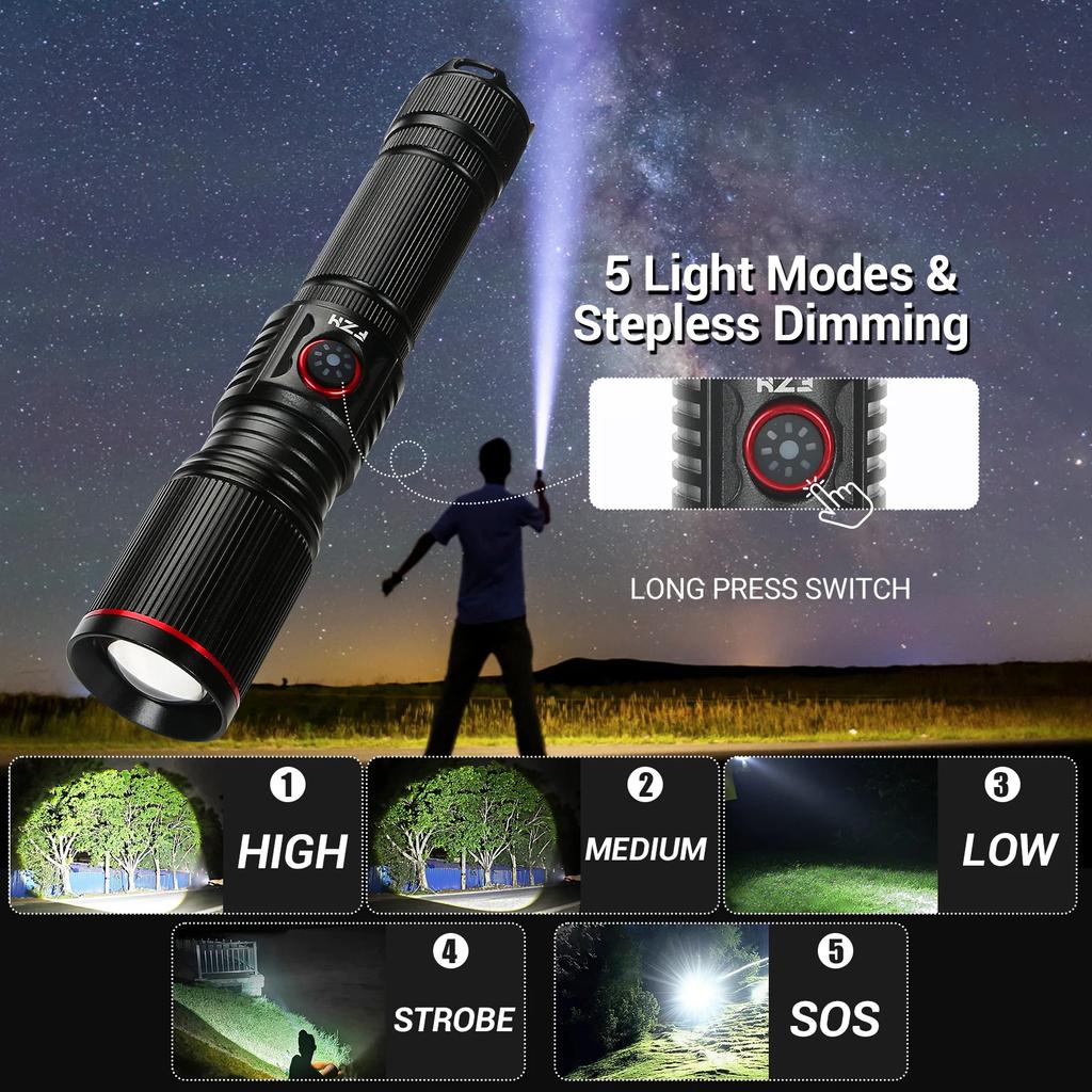 Upgrade 30W Zoom LED High Power Flashlight USB Rechargeable Torch Camping Outdoor Hunting Fishing Walking Lighting Lamp