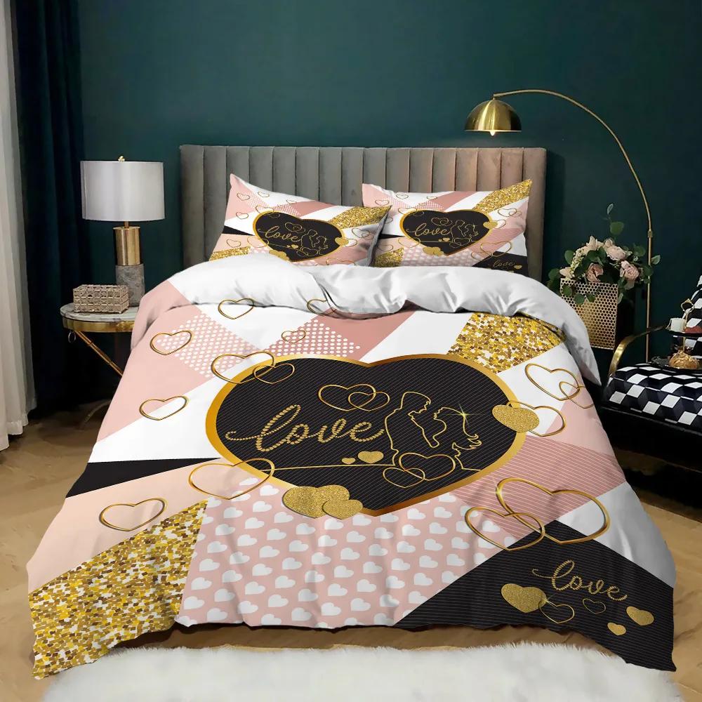 Room Decor Home Bedding Sets 2/3pcs Red Heart Printing Queen Size Pillowcase Duvet Cover Set Polyester Bedclothes