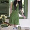 Летнее женское французское зеленое платье с v-образным вырезом и талией, тонкий жилет, платье трапециевидной формы