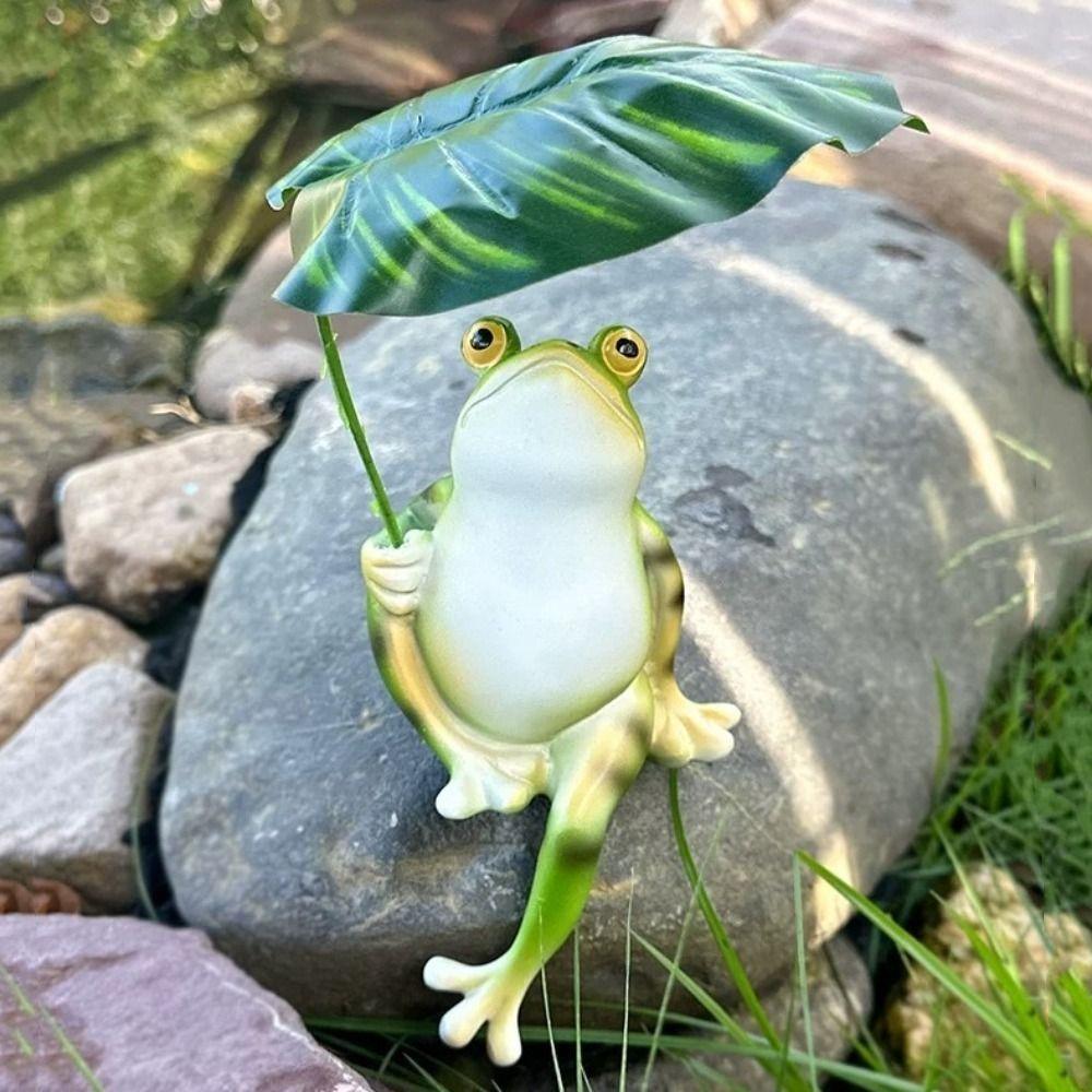 Creative Garden Frog Statue with Leaf Frog Ornament Decor Cartoon Frog Figurine Yard Lawn