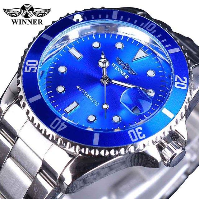 WINNER Top Men's Watch Automatic Mechanical Ribbon Calendar Water Ghost Series Watch Silver Stainless Steel Waterproof Luminous