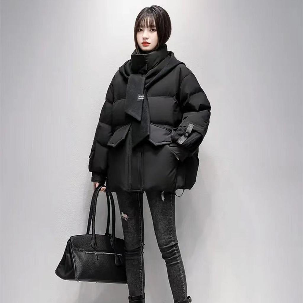 Утолщенная зимняя студенческая куртка с капюшоном на хлопковой подкладке, короткое теплое пальто с шарфом