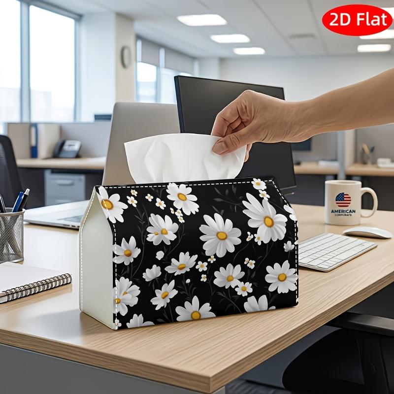 2D Flat, 1pc Tissue Box, Printed on Both Sides, Party Tissue Box, Modern Daisy Pattern, Multifunctional Tissue Holder, Black Background White Flower R