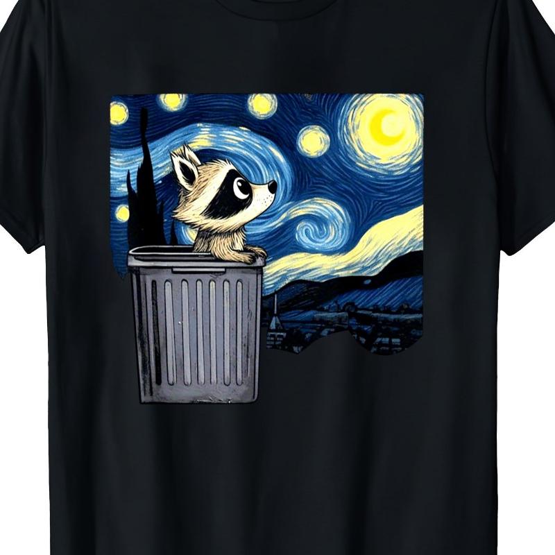 Cute Raccoon Starry Sky Panda Unisexs Tshirt Round Neck Street Tshirt Unisexs Casual Street Pattern Printed Tshirt