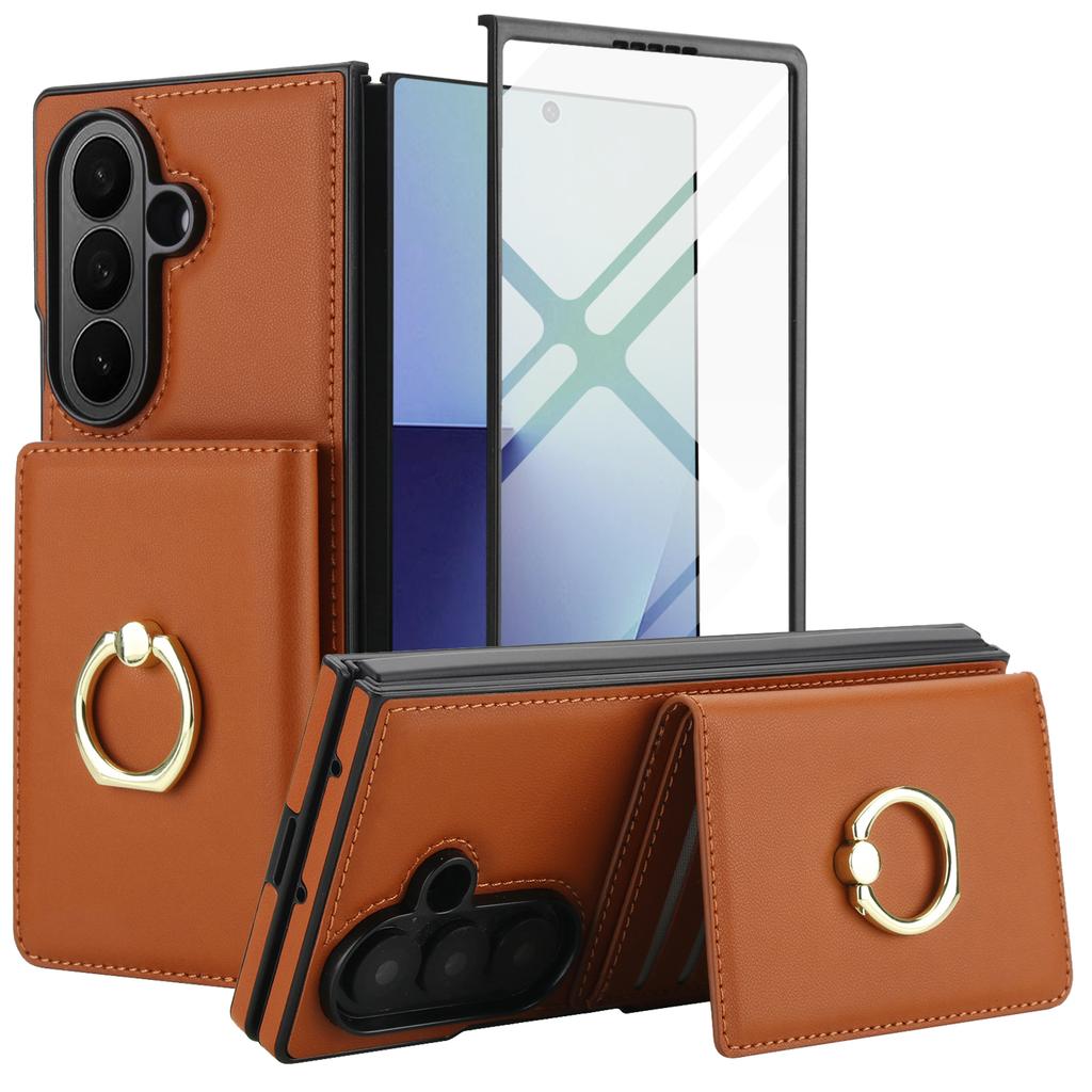 Модный чехол из однотонной кожи для телефона Samsung Galaxy Z Fold7/Z Fold6/Z Fold5 с вращающейся на 360° подставкой