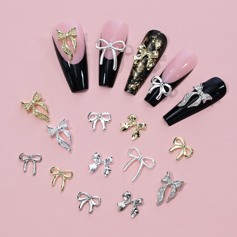 96Pcs/Box Gold/Silver Aolly Ribbon Bow Nail Charms 12Grid 3D FlatBack Bowtie Nail Art Decorations Luxury Metal Bowknot Manicure