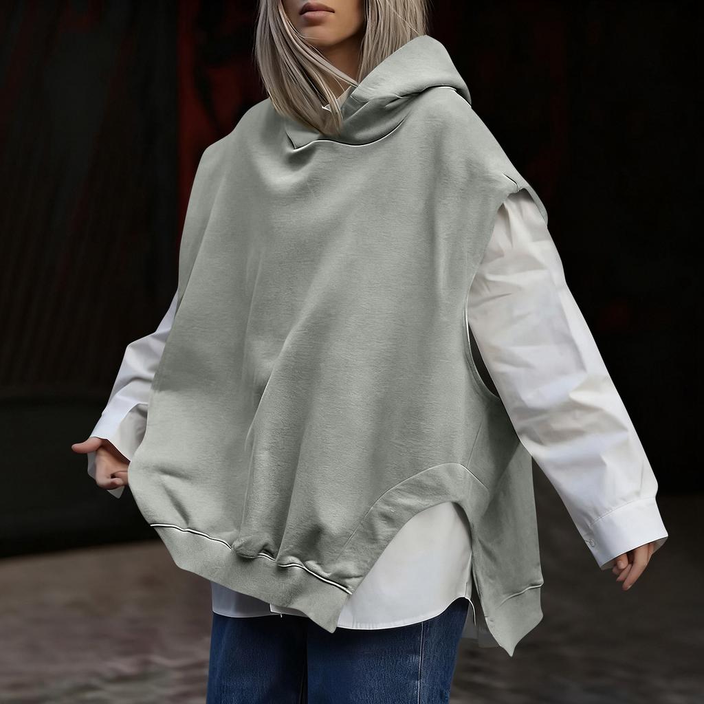 Women's Fashionable Solid Color Sleeveless Hooded Hem Asymmetrical Casual Pullover Vest Hoodie