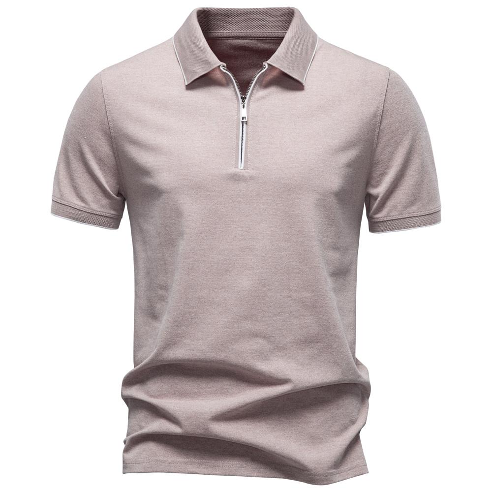 2026 Men's Polo Shirts Cotton Blend Short Sleeve Solid Color Zippered Polo Soft Breathable Casual Polo Shirt for Men