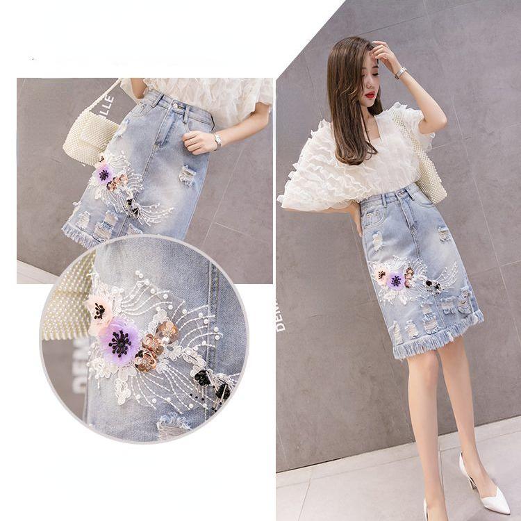 Джинсовая юбка с завышенной талией и бахромой из бисера - женская летняя мода