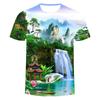 2024 Summer New Blue Mountain Green Water White Crane Fish 3D Printed Men's T-shirt Loose Trendy Casual Short Sleeve