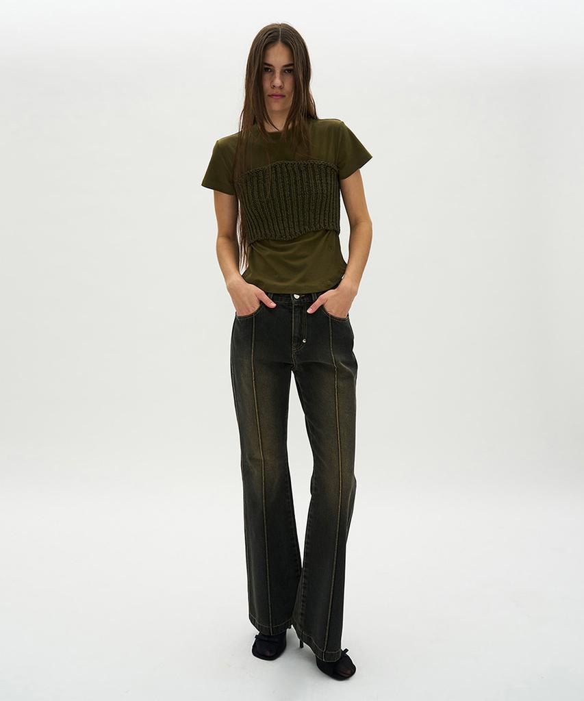PARTIMENTO WOMEN Low-Rise Pintuck Bootcut Jeans_Khaki