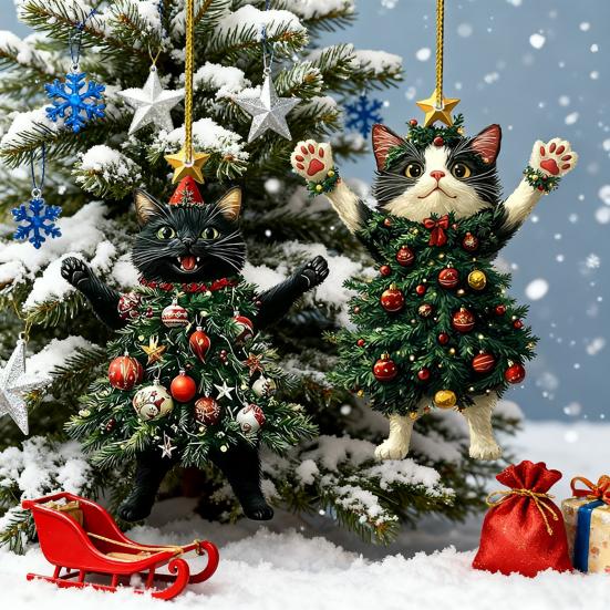 Christmas Cat In Christmas Tree Acrylic Hanging Ornament 2D Flat Car Rearview Mirror Charm Holiday Gifts for Cat Lovers