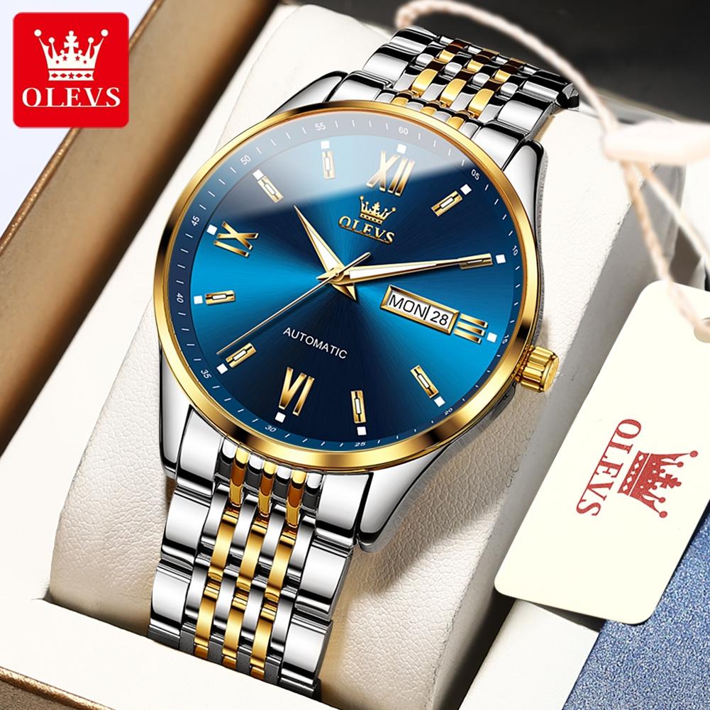 OLEVS Watches for Man Original Stainless Steel Dual Calendar Luminous Waterproof Business Automatic Mechanical Men's Watch 6777