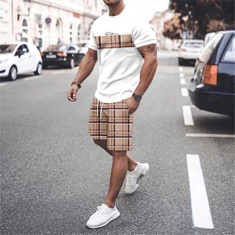 Summer Vocation Men's Tshirt Set 3D Print Solid Color Men Round Neck T-Shirt Shorts Two Piece Set Casual Man Suits Clothing