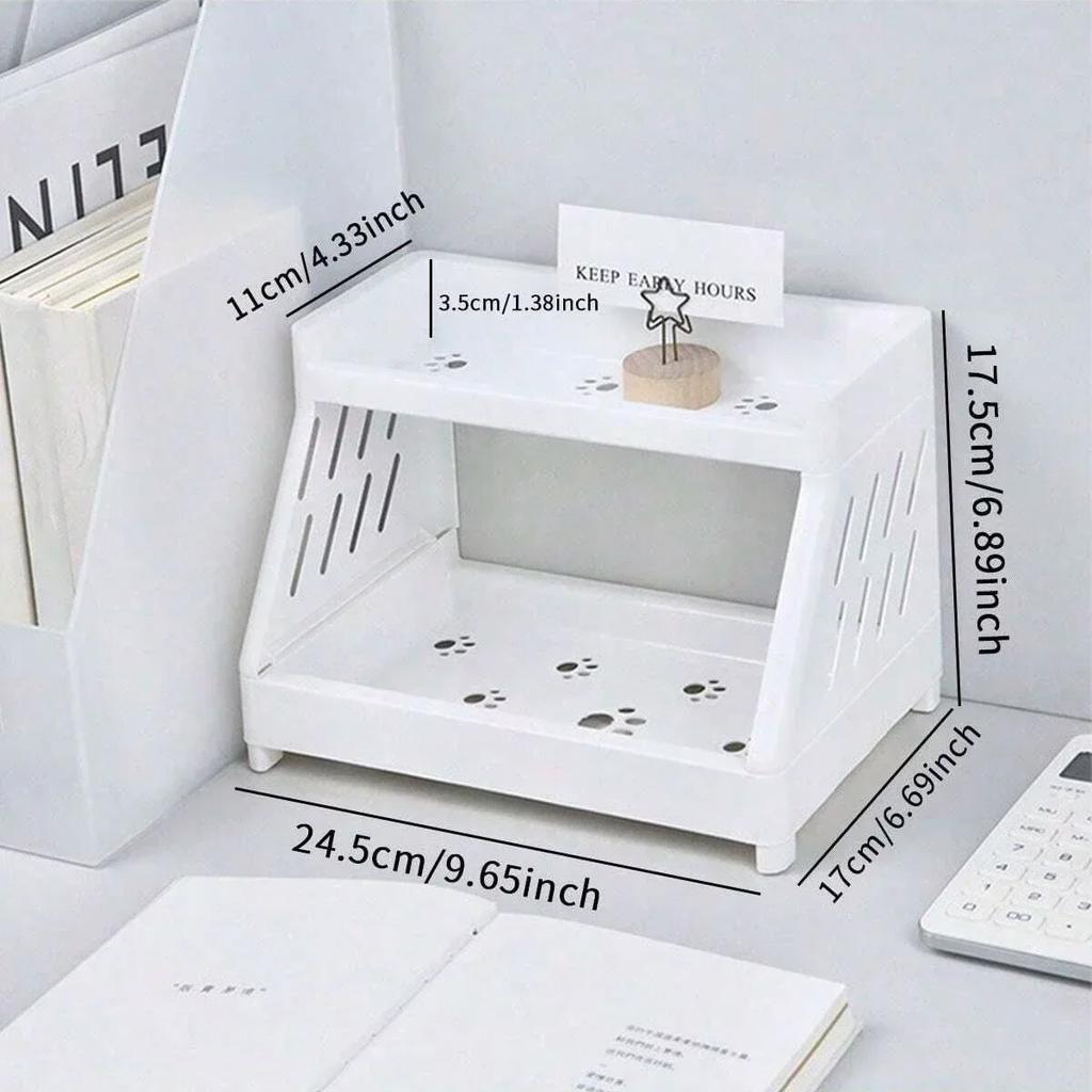 Белый двухъярусный настольный органайзер для хранения вещей, полка-витрина с вырезом в виде кошачьей лапки, для домашнего офиса и комнаты в общежитии, 2 уровня