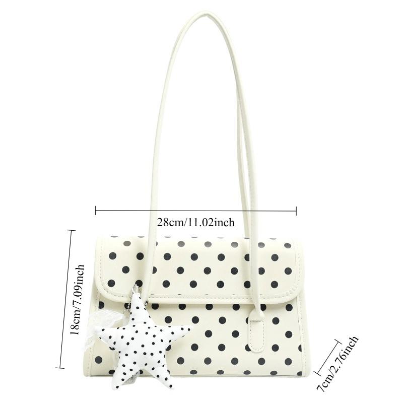 Sweet-style flap shoulder bag, Y2K-inspired polka dot baguette bag, underarm bag with lace star charm, preppy everyday shoulder bag.