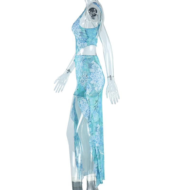 Европейский и американский стиль модный женский принтованный асимметричный топ сексуальный с открытой спиной шнуровка разрез на талии юбка комплект