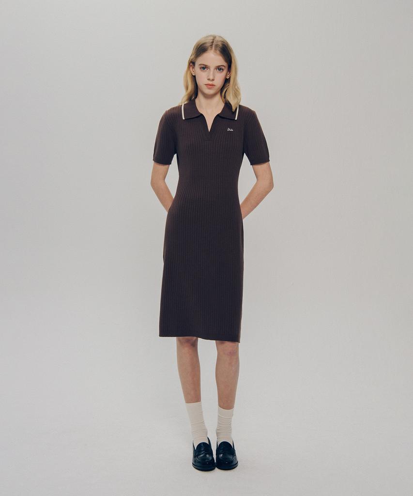 Yale Slit Neck Half Sleeve Knit Dress_Brown